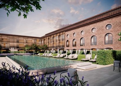 Visualisation showing courtyard with swimming pool