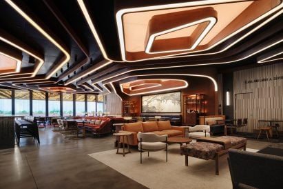LED lights within wooden ribbons across the ceiling
