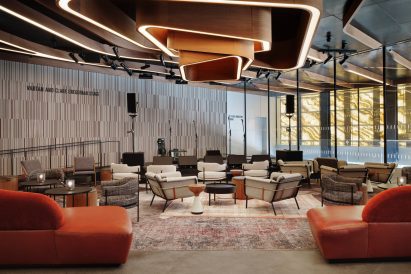 Small stage with low lounge seating in front