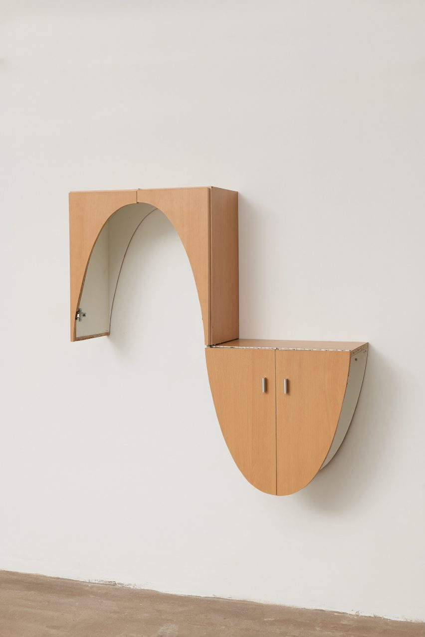 A wooden shelving system