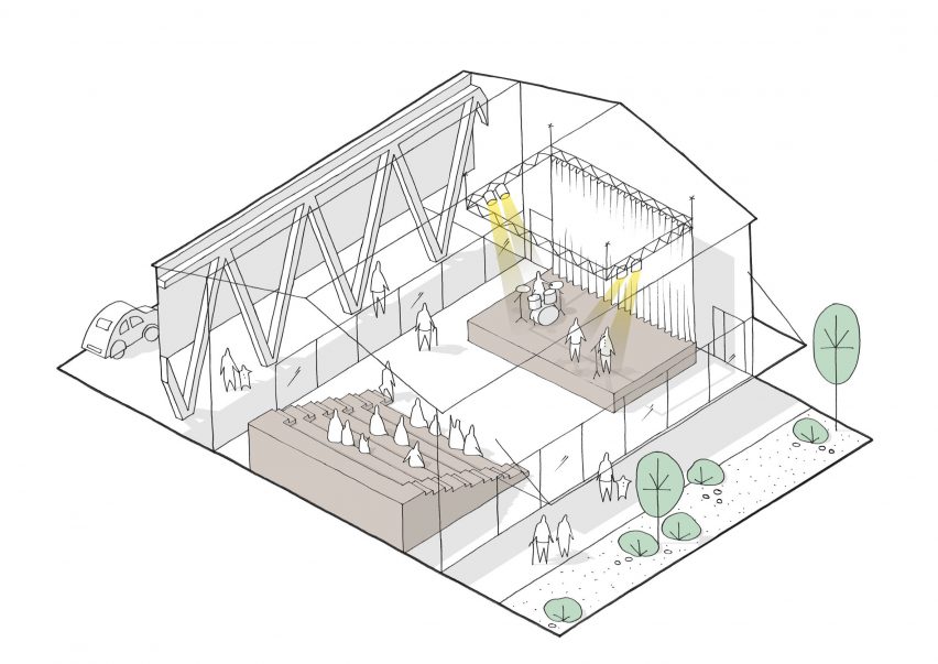 Isometric drawing of the auditorium at the Alzheimer's Village in France by NORD Architects