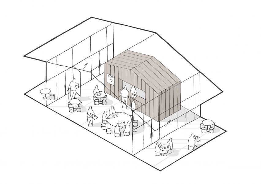 Isometric drawing of the cafe at the Alzheimer's Village in France by NORD Architects