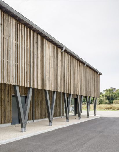 V-shaped columns supporting a timber-clad building