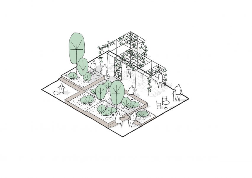 Isometric drawing of the garden at the Alzheimer's Village in France by NORD Architects