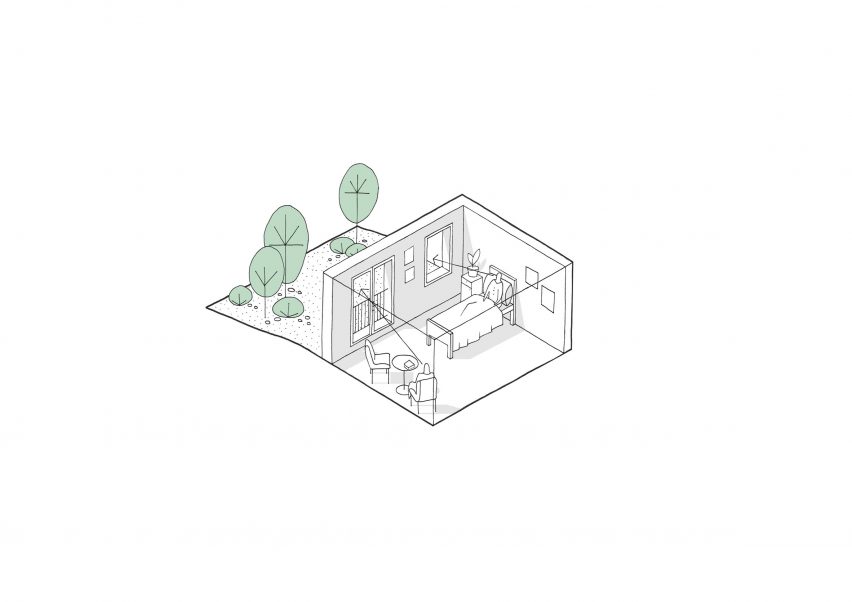 Isometric drawing of a private dwelling at the Alzheimer's Village in France by NORD Architects