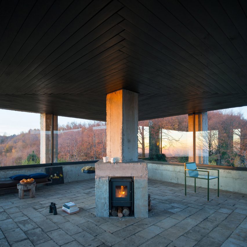 Concrete fireplace inside Rosa pavilion