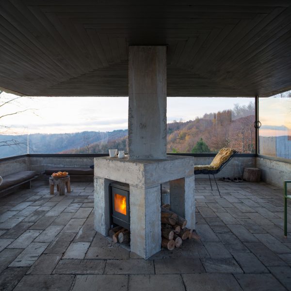 Concrete fireplace inside Rosa pavilion