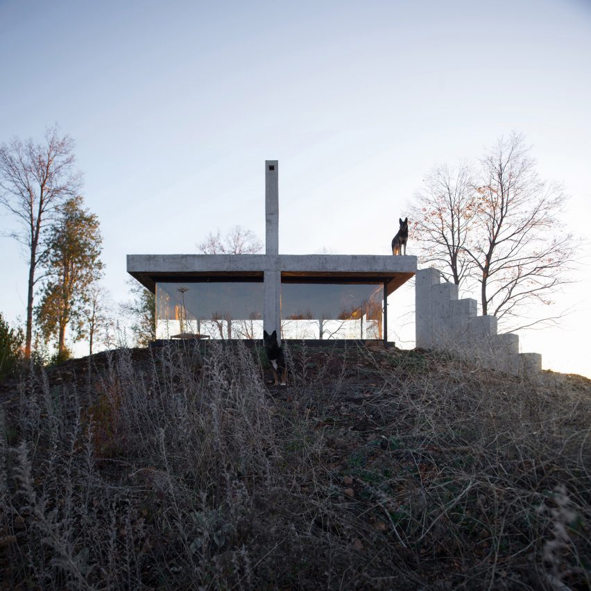 Rosa pavilion with staircase and dog on roof