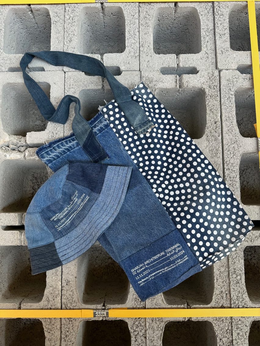 Totes and bucket hats were designed from old jeans