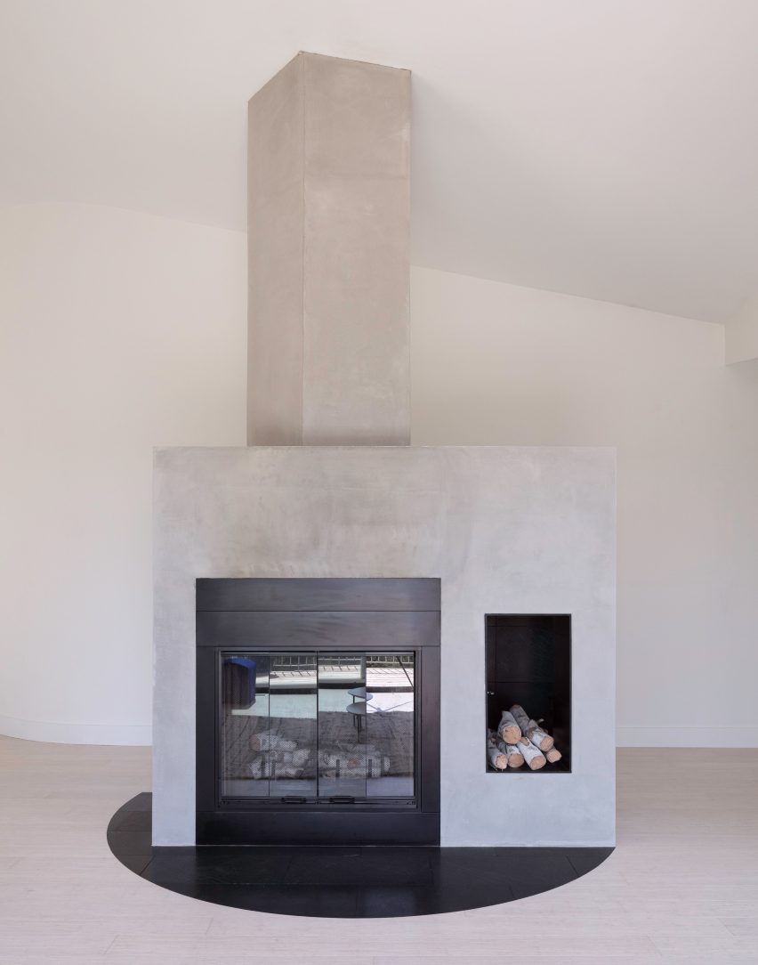 A large concrete fireplace