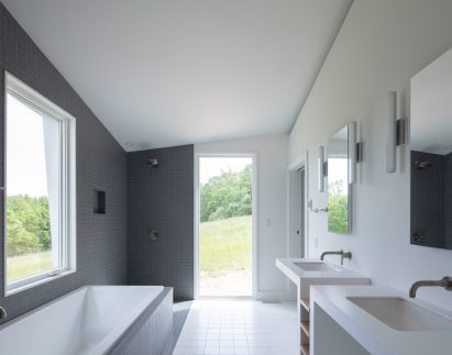 Gray tiles in bathroom