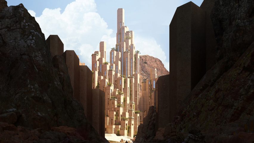 Siranna rendering seen between a shadowy canyon