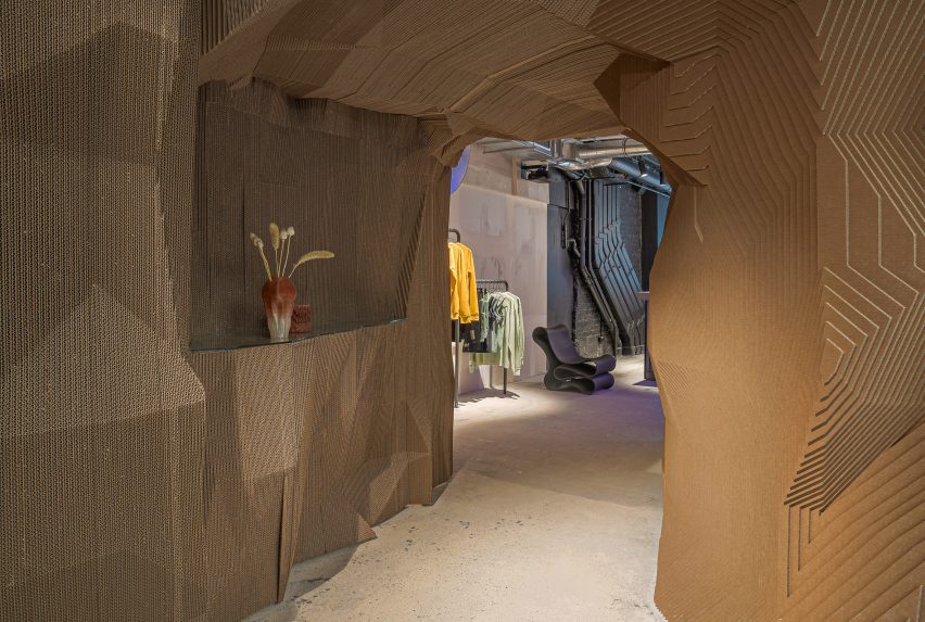 Cardboard cave in car showroom