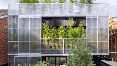 Polycarbonate and bamboo planted facade at Green House by Hayhurst and Co