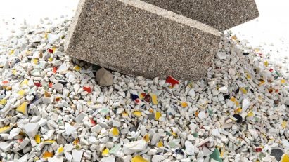 YiBrick Permeable by Yi Design on a pile of ceramic waste