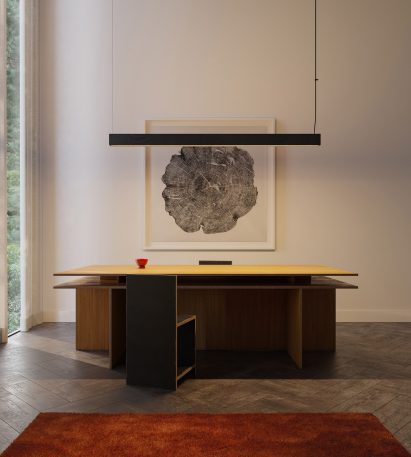 Linear lighting design hanging over desk