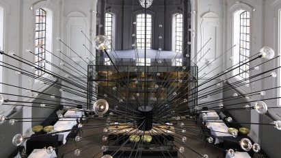 Spiky light fitting in church