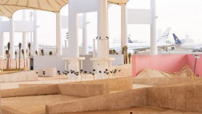 OMA's backdrop for the inaugural Islamic Arts Biennale in the Western Hajj Terminal at Jeddah airport