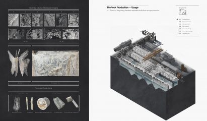 scanning of biorock and a visual of an architecture built with biorock
