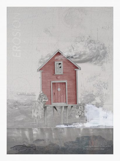 drawing of a fishhouse above the water