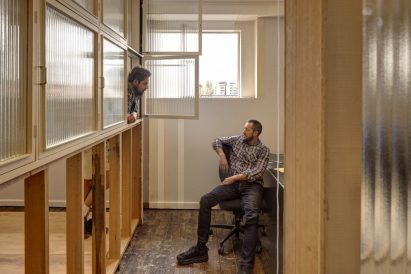 Interior view of TERRIOR's Hobart office featuring cubby holes and openings in the timber framework