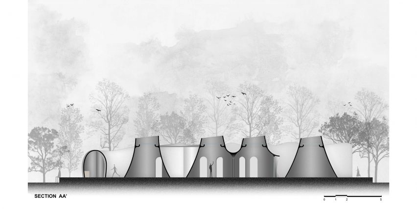 Section AA Ferrocement workplace by The Grid Architects
