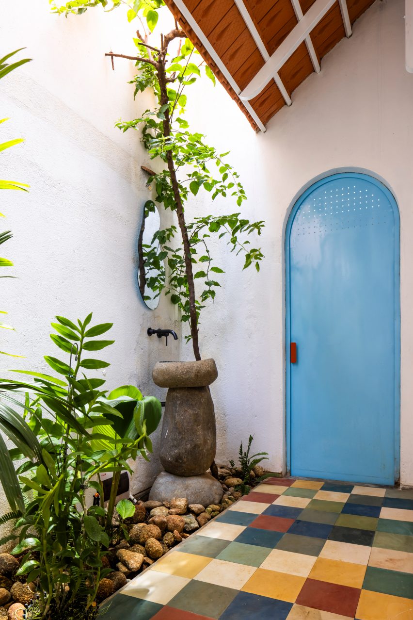 Entrance with a blue door and planting at Tile House by The Bloom Architects