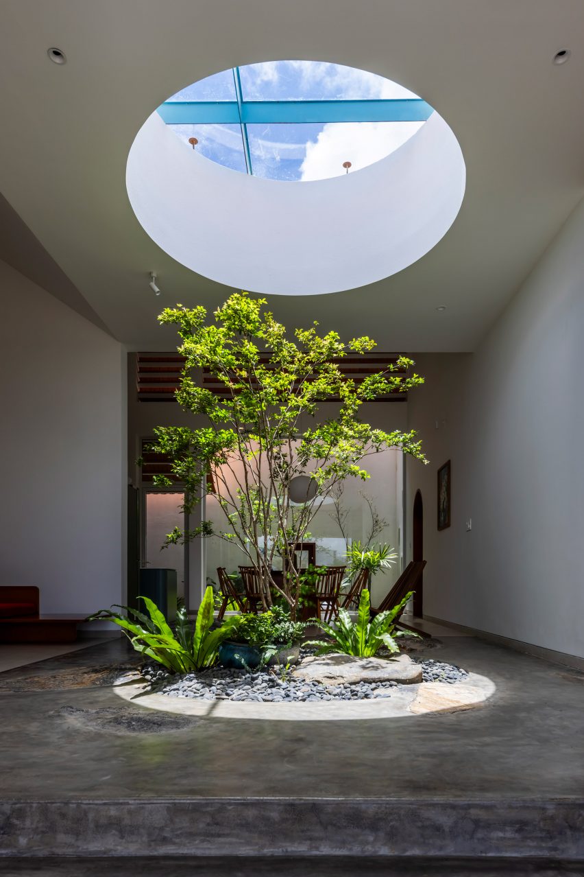 Living room with an oculus over a planted tree