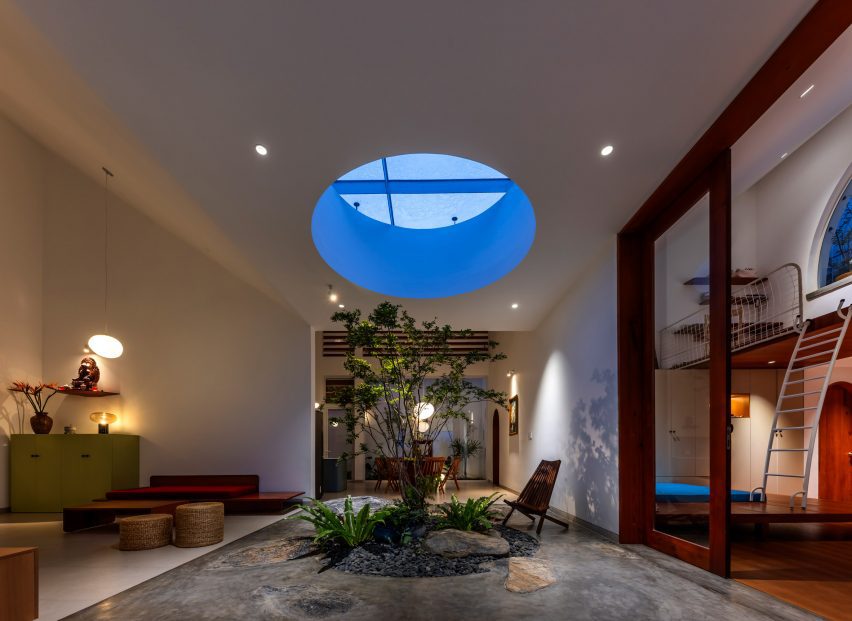 Living space with a circular skylight over a planted tree