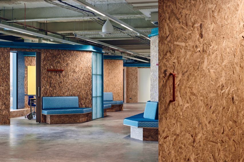Quilted denim seat cushions in Today Design office by Studio Edwards