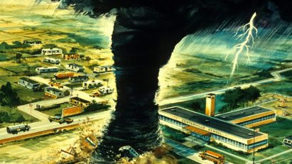 A drawing of a tornado about to hit a school