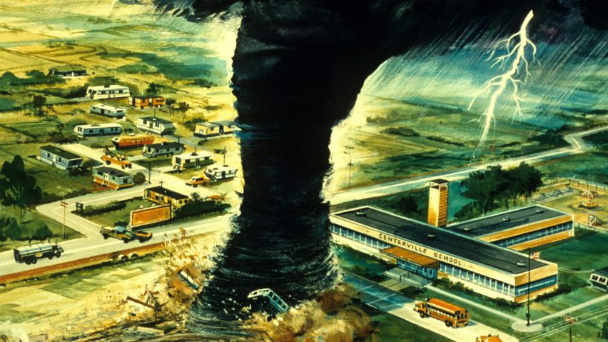 An illustration of a tornado about to hit a school