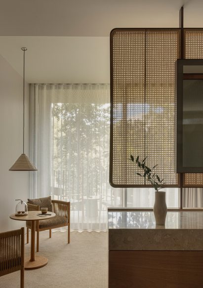 Paper-cord chairs and washi pendant lights at Trunk Hotel in Tokyo