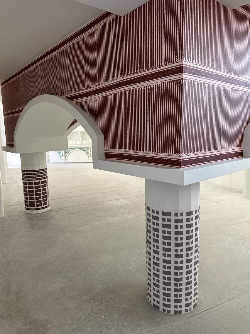 Half scale model of a soviet modernist building on display in Sharjah