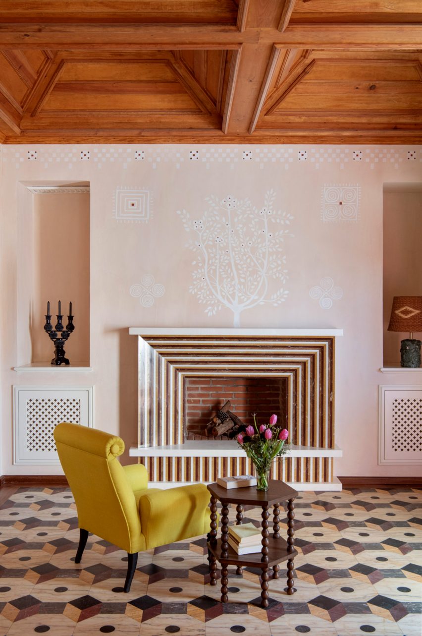 Yellow chair with tiled floor