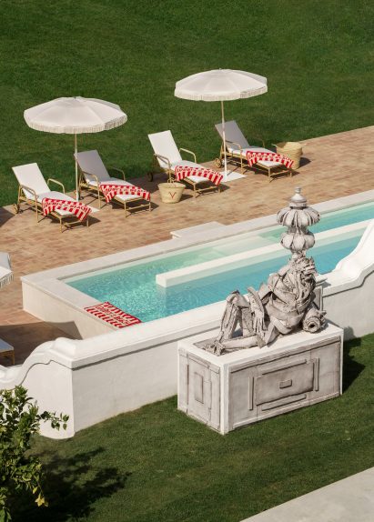 The hotel looks out onto a private garden and pool