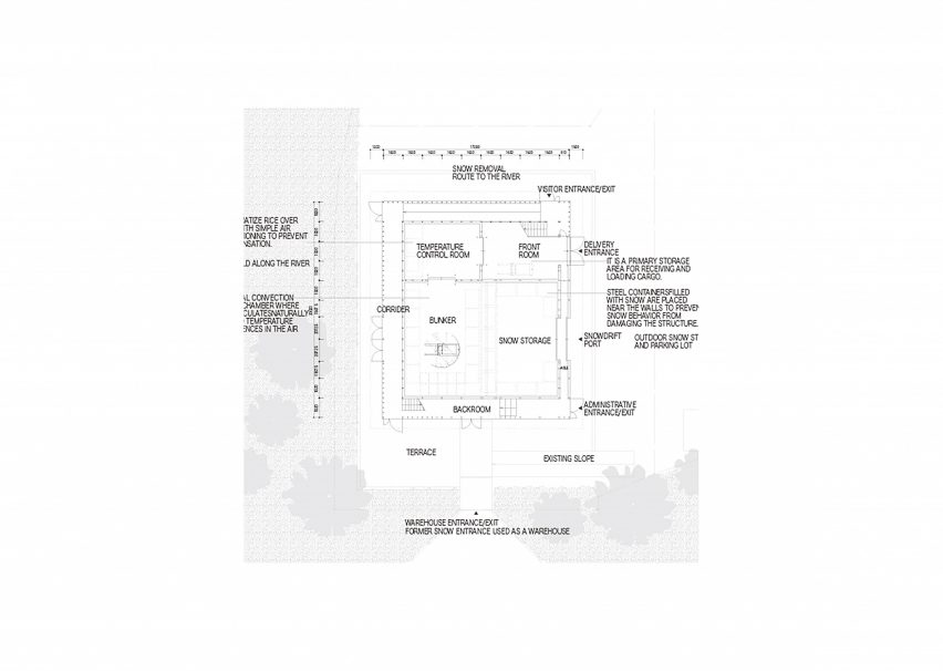 Plans of Yukinohako snow-powered cool store by Kei Kaihoh Architects in Joetsu City, Niigata Prefecture