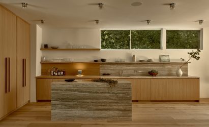 White oak and travertine bar area
