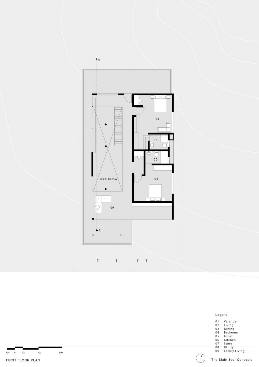 First floor plan of wood louvred home in Kerala, India by 3dor Concepts