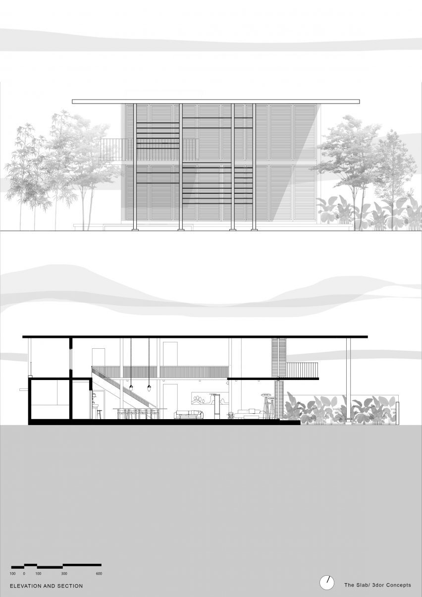 Elevation and section of wood louvred home in Kerala, India by 3dor Concepts