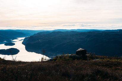 Night view of Agder Day-Trip Cabin overlooking a fjord