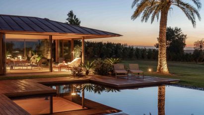 Exterior of Spanish pool house