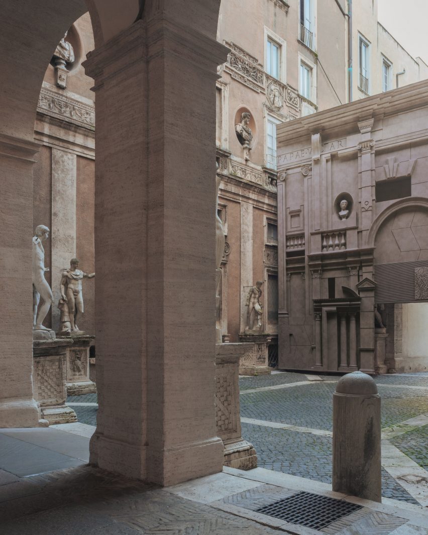 Temporary facade in palace courtyard in Rome by ROBOCOOP