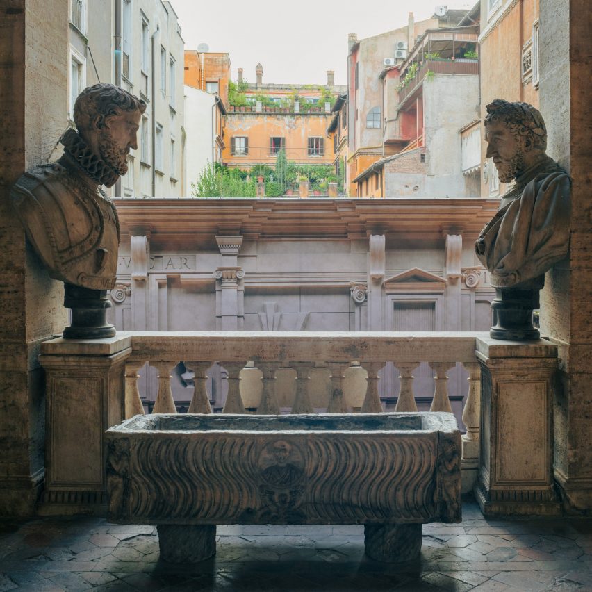 Construction site temporary facade in a palace courtyard in Rome