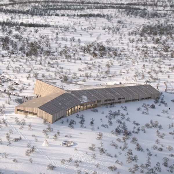 Aerial render of Čoarvemátta in Norway by Snøhetta