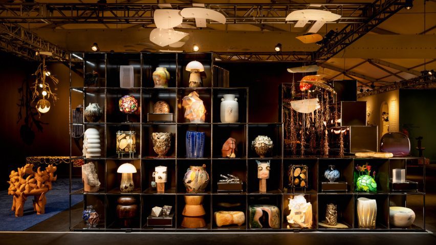 shelving with sculptures