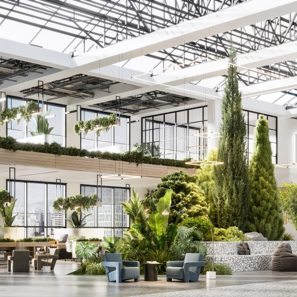an open plan interior with plant decoration