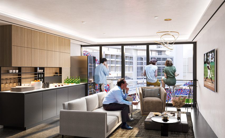 Render of a hotel suite overlooking a stadium