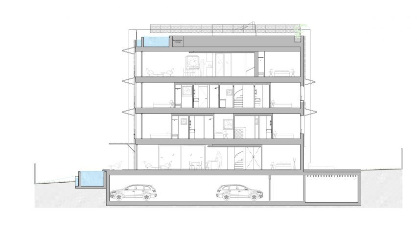 Section drawing of duplex apartments in Palma de Mallorca by OHLAB