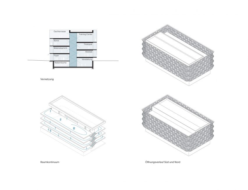 Isometric diagrams of Texoversum by Allmannwappner and Menges Scheffler Architeckten